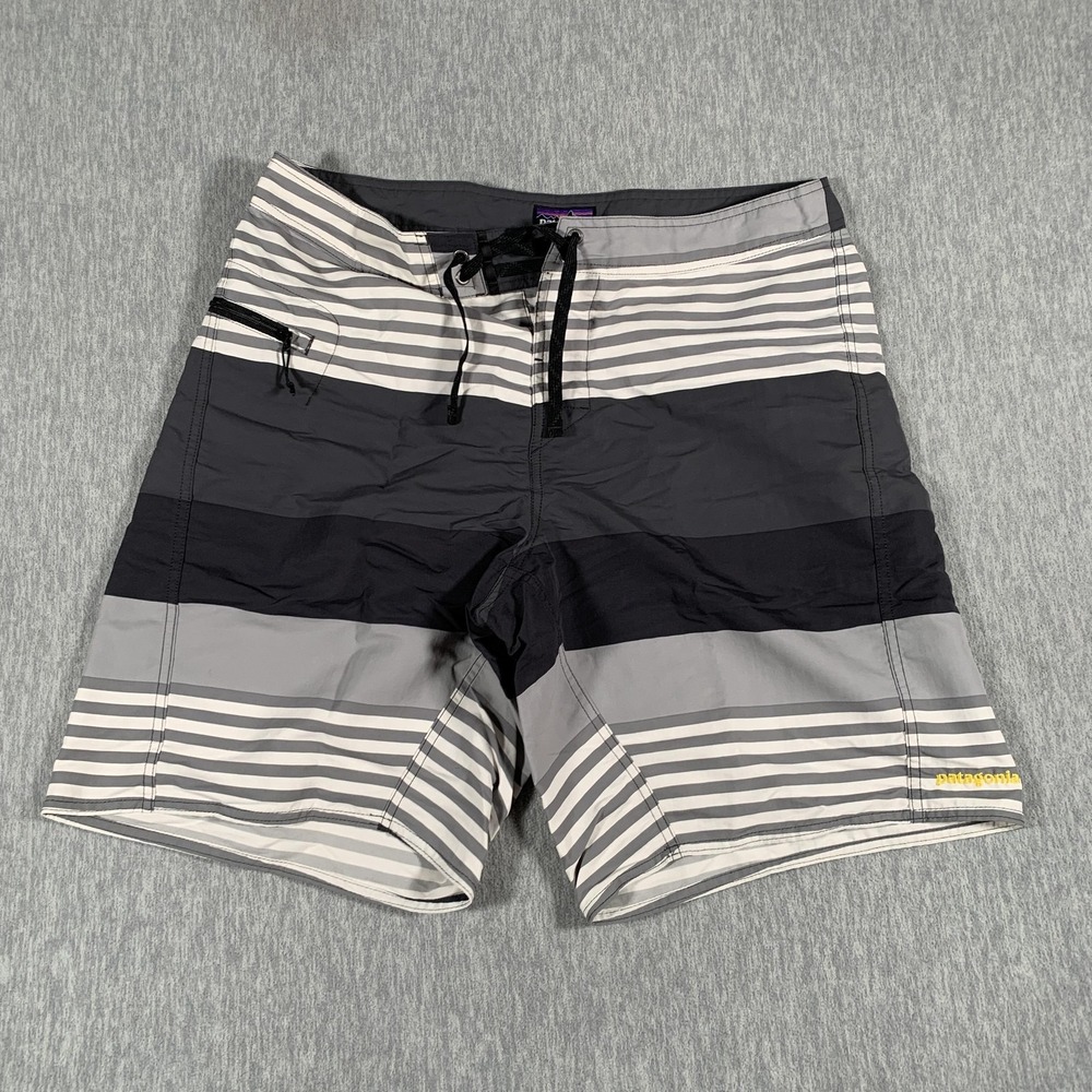 Patagonia Shorts Mens 34 Gray Black Stripe Board Swim‎ Trunks Nylon Surf